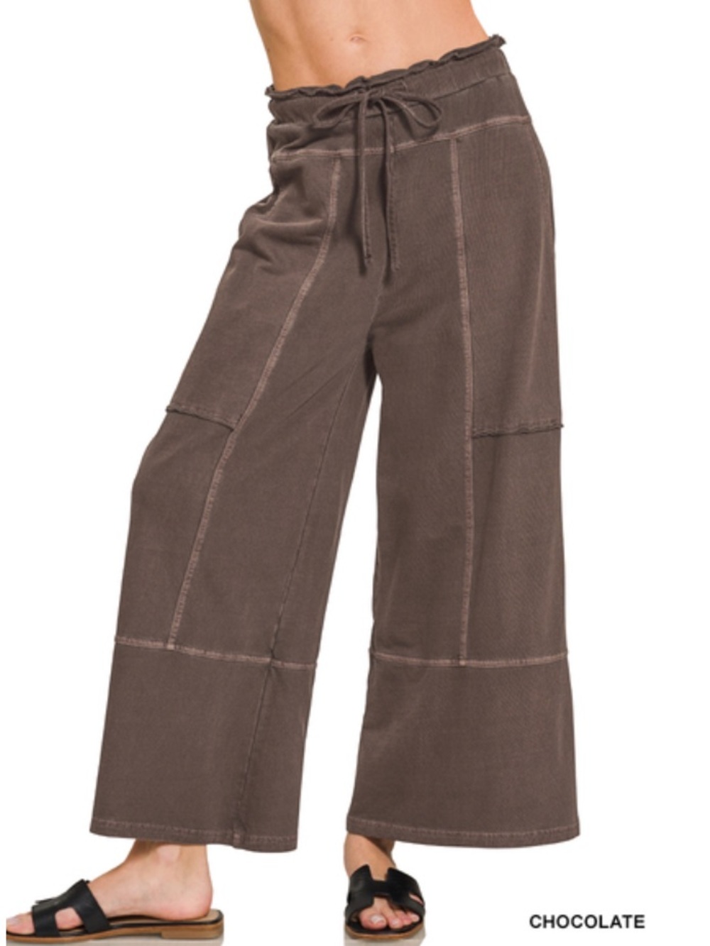1X - 3X 384 ❤️Zenana chocolate PLUS FRENCH TERRY EXPOSED-SEAM WIDE LEG
PANTS